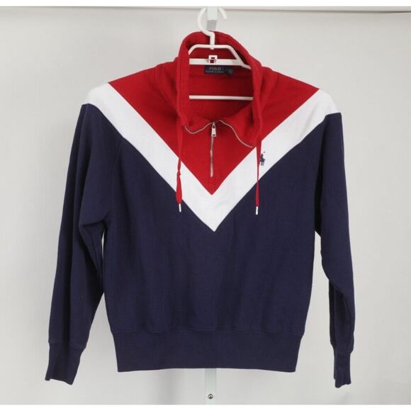 Polo Ralph Lauren Sweater Womens Medium Red White Blue 1/4 Zip Colorblock - Picture 2 of 9
